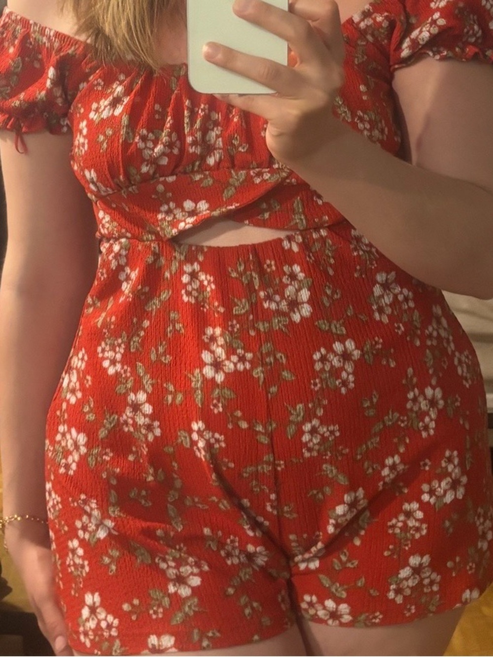 Red Floral Off-Shoulder Romper with Cutout
